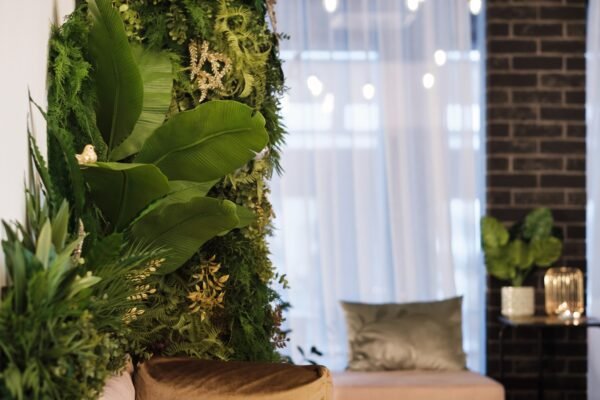 Green plants on the wall in the interior of the room. Vertical green garden in the room